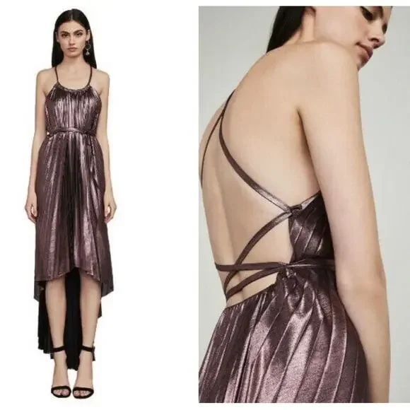 BCBG MAXAZRIA VALARIE Metallic Pleated Halter Gown Hi-Low Dress Size M NWT $368 - Picture 3 of 11